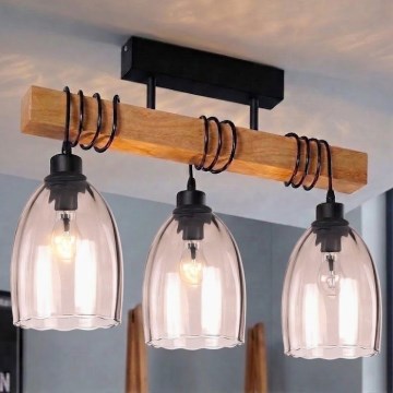 Brilagi - Přisazený lustr WOOD GLASS 3xE27/60W/230V borovice/černá/kouřová béžová