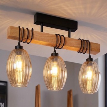 Brilagi - Přisazený lustr WOOD GLASS 3xE27/60W/230V borovice/černá/kouřová béžová