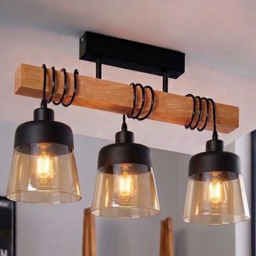 Brilagi - Přisazený lustr WOOD GLASS 3xE27/60W/230V borovice/černá/kouřová hnědá