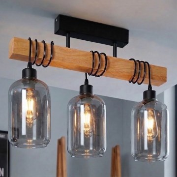Brilagi - Přisazený lustr WOOD GLASS 3xE27/60W/230V borovice/černá/kouřová šedá