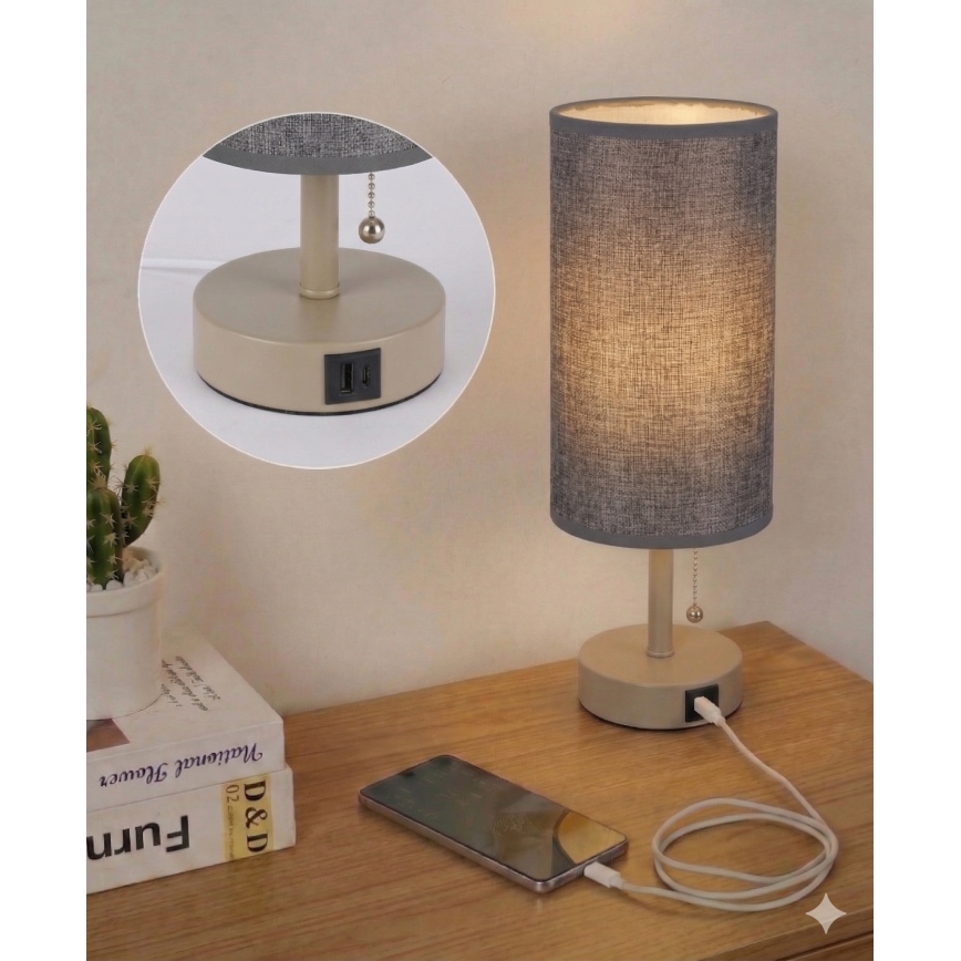 Brilagi - Stolní lampa s USB portem TABLON 1xE27/25W/230V béžová/šedá