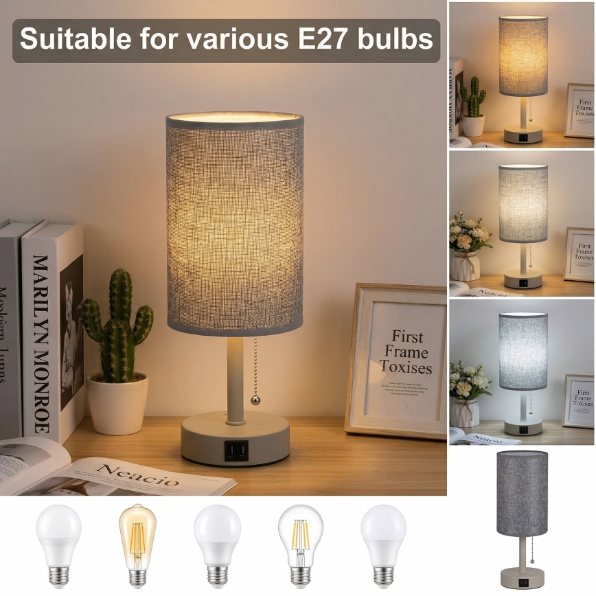 Brilagi - Stolní lampa s USB portem TABLON 1xE27/25W/230V béžová/šedá