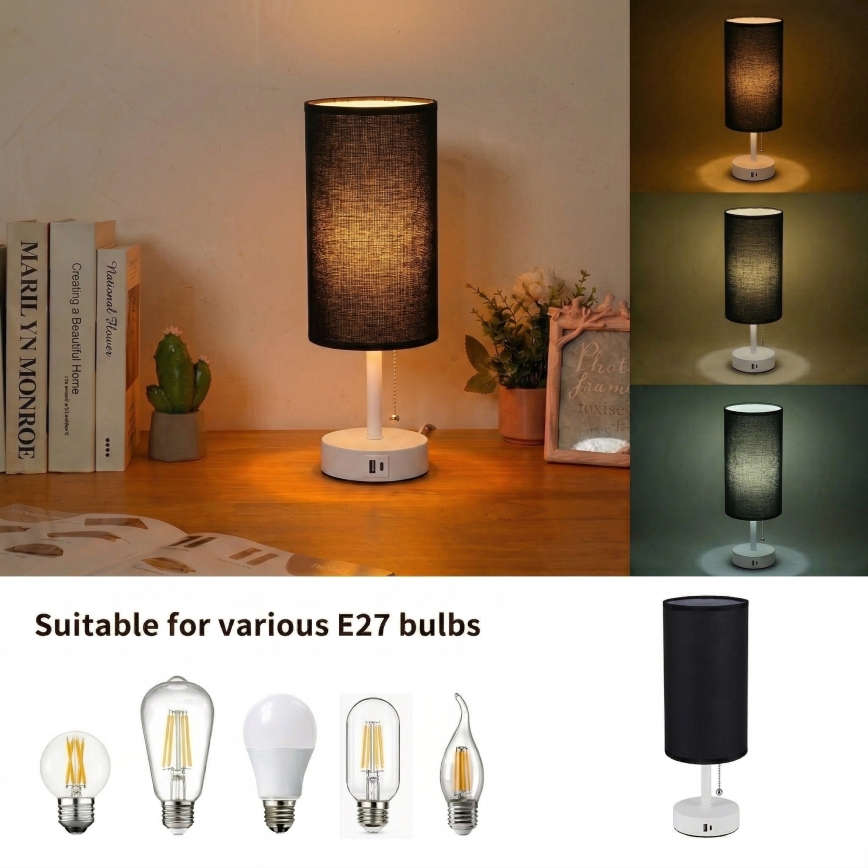 Brilagi - Stolní lampa s USB portem TABLON 1xE27/25W/230V bílá/černá