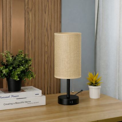 Brilagi - Stolní lampa s USB portem TABLON 1xE27/25W/230V černá/béžová