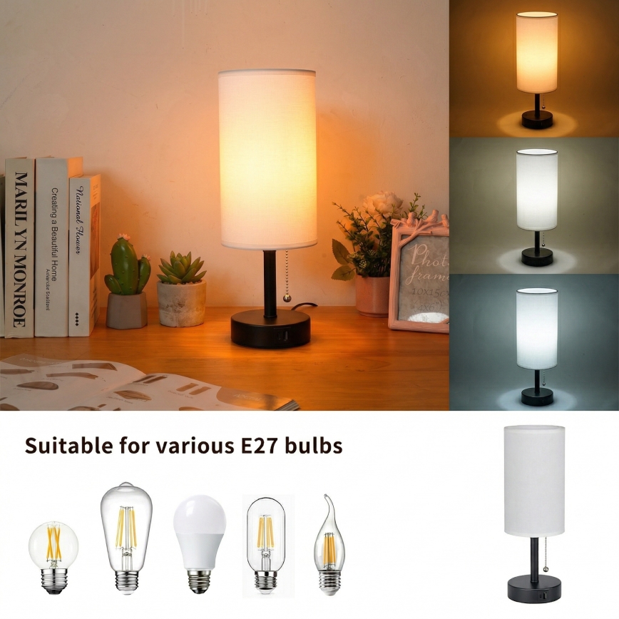 Brilagi - Stolní lampa s USB portem TABLON 1xE27/25W/230V černá/bílá
