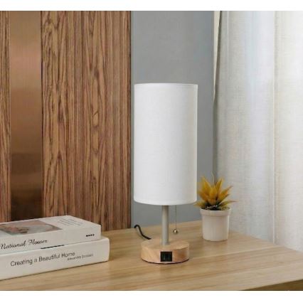 Brilagi - Stolní lampa s USB portem TABLON 1xE27/25W/230V dub/béžová/bílá