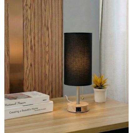 Brilagi - Stolní lampa s USB portem TABLON 1xE27/25W/230V dub/béžová/černá