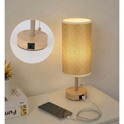 Brilagi - Stolní lampa s USB portem TABLON 1xE27/25W/230V dub/béžová