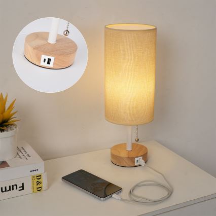 Brilagi - Stolní lampa s USB portem TABLON 1xE27/25W/230V dub/bílá/béžová