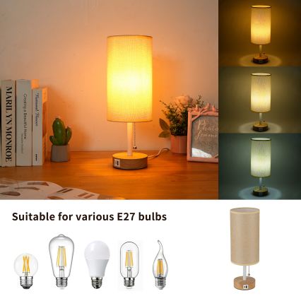 Brilagi - Stolní lampa s USB portem TABLON 1xE27/25W/230V dub/bílá/béžová