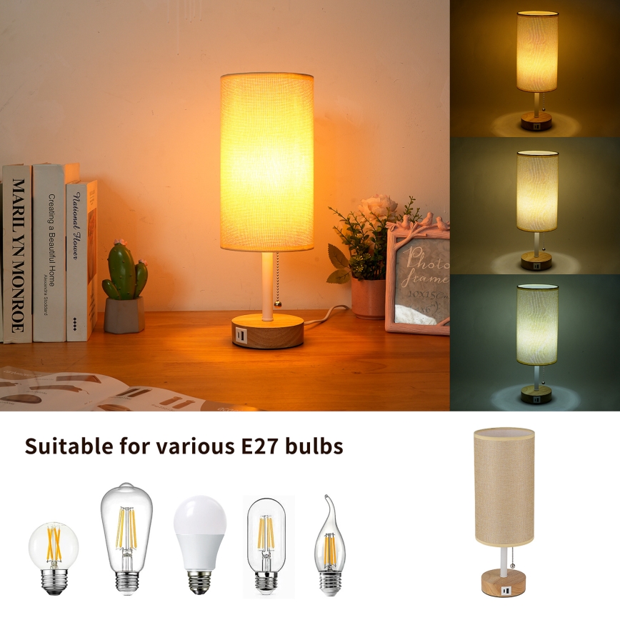 Brilagi - Stolní lampa s USB portem TABLON 1xE27/25W/230V dub/bílá/béžová