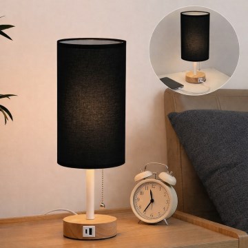 Brilagi - Stolní lampa s USB portem TABLON 1xE27/25W/230V dub/bílá/černá