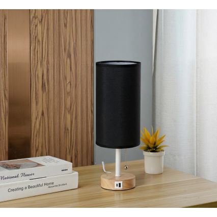Brilagi - Stolní lampa s USB portem TABLON 1xE27/25W/230V dub/bílá/černá