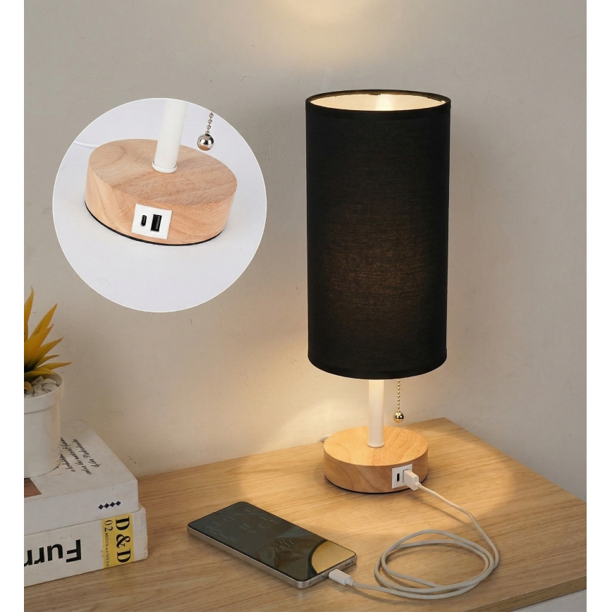 Brilagi - Stolní lampa s USB portem TABLON 1xE27/25W/230V dub/bílá/černá