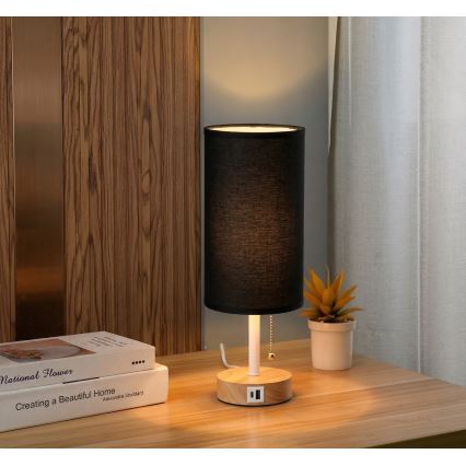 Brilagi - Stolní lampa s USB portem TABLON 1xE27/25W/230V dub/bílá/černá