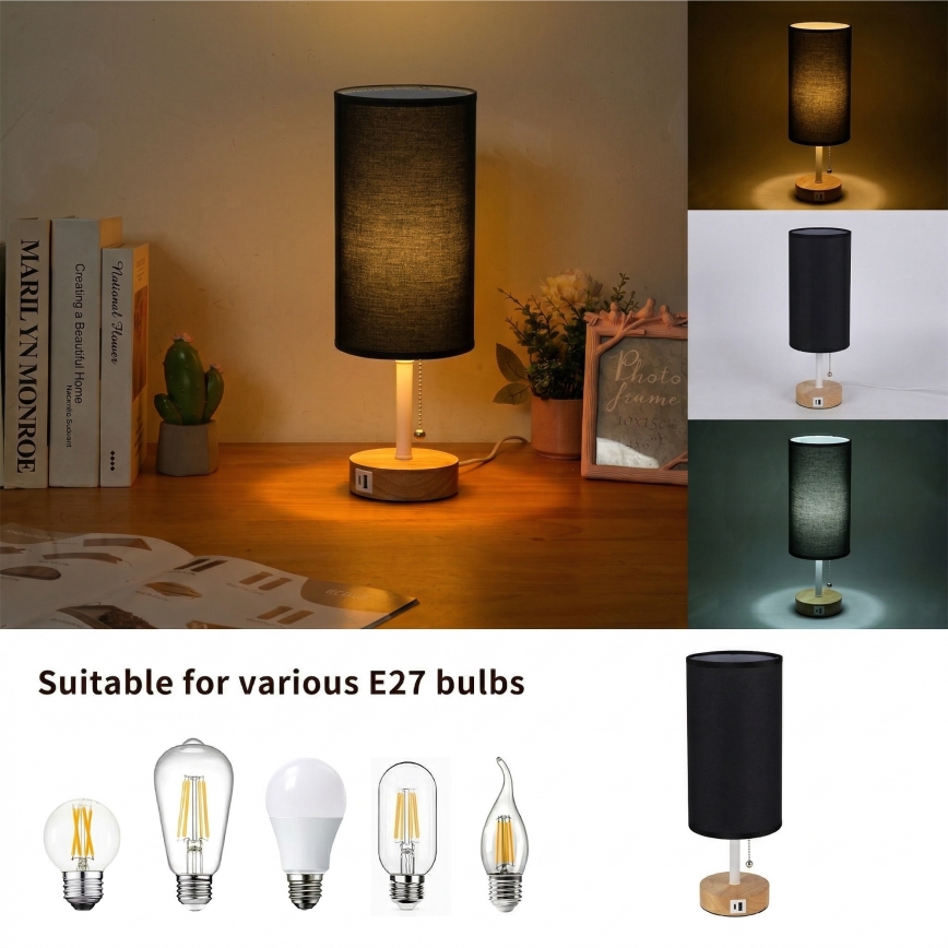 Brilagi - Stolní lampa s USB portem TABLON 1xE27/25W/230V dub/bílá/černá