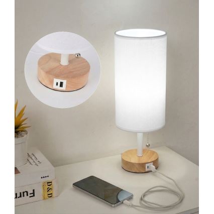 Brilagi - Stolní lampa s USB portem TABLON 1xE27/25W/230V dub/bílá