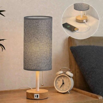 Brilagi - Stolní lampa s USB portem TABLON 1xE27/25W/230V dub/bílá/šedá