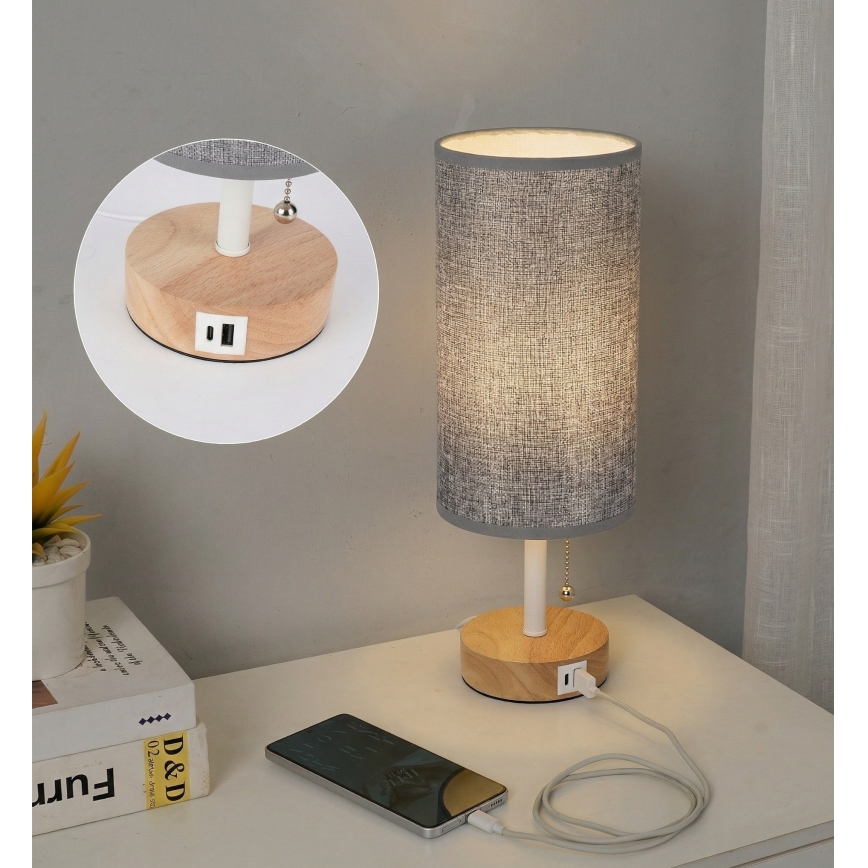 Brilagi - Stolní lampa s USB portem TABLON 1xE27/25W/230V dub/bílá/šedá