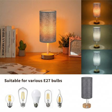 Brilagi - Stolní lampa s USB portem TABLON 1xE27/25W/230V dub/bílá/šedá