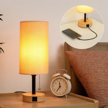 Brilagi - Stolní lampa s USB portem TABLON 1xE27/25W/230V dub/černá/béžová