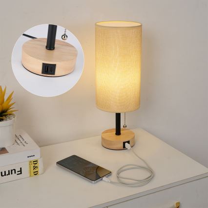 Brilagi - Stolní lampa s USB portem TABLON 1xE27/25W/230V dub/černá/béžová