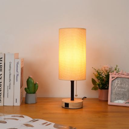Brilagi - Stolní lampa s USB portem TABLON 1xE27/25W/230V dub/černá/béžová