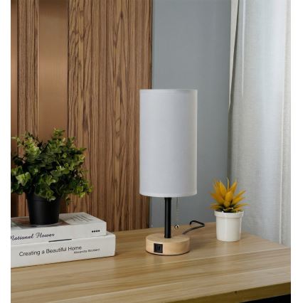 Brilagi - Stolní lampa s USB portem TABLON 1xE27/25W/230V dub/černá/bílá
