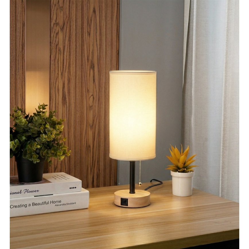 Brilagi - Stolní lampa s USB portem TABLON 1xE27/25W/230V dub/černá/bílá