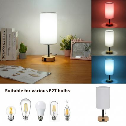 Brilagi - Stolní lampa s USB portem TABLON 1xE27/25W/230V dub/černá/bílá