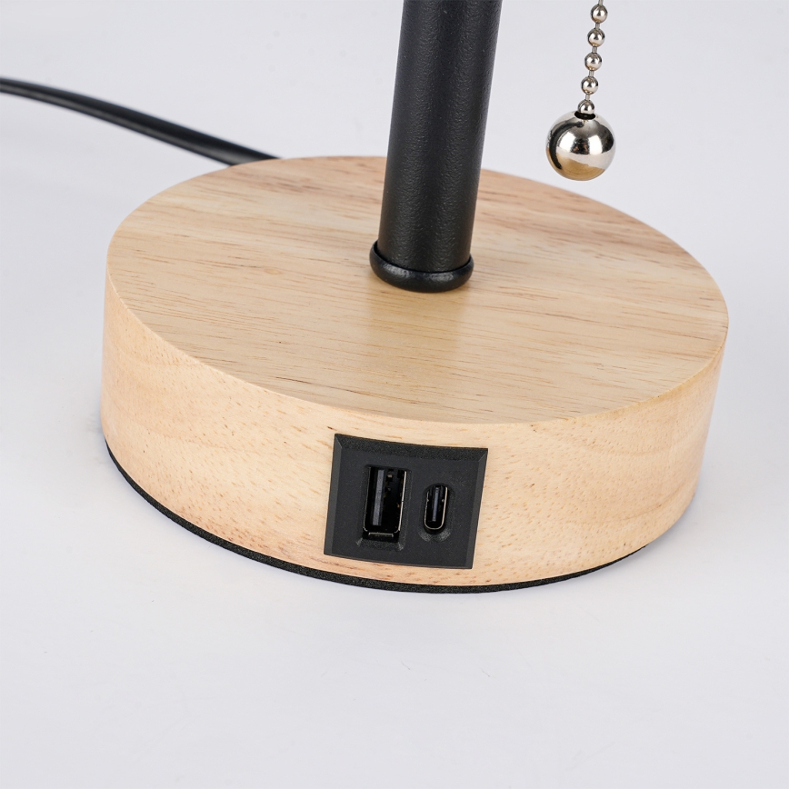 Brilagi - Stolní lampa s USB portem TABLON 1xE27/25W/230V dub/černá/bílá