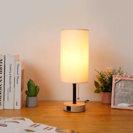 Brilagi - Stolní lampa s USB portem TABLON 1xE27/25W/230V dub/černá/krémová