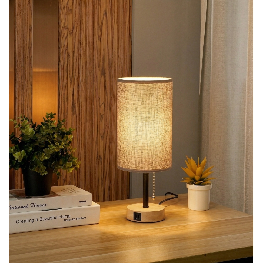 Brilagi - Stolní lampa s USB portem TABLON 1xE27/25W/230V dub/černá/šedá