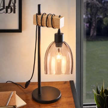 BRILAGI - Stolní lampa WOOD GLASS 1xE27/40W/230V hnědá/černá/kouřová béžová