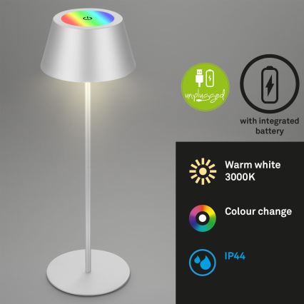 Brilo - LED RGB Stmívatelná nabíjecí dotyková venkovní stolní lampa KIKI LED/2,6W/5V IP44 2600 mAh stříbrná