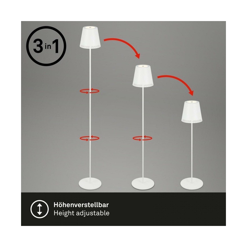 Briloner 1438016 - LED Stmívatelná dotyková stojací lampa 3v1 LED/3,5W/5V IP44 3000K 38-130 cm bílá