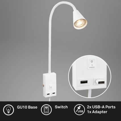 Briloner 2175-016 - Flexibilní nástěnná lampa s USB portem 1xGU10/10W/230V bílá