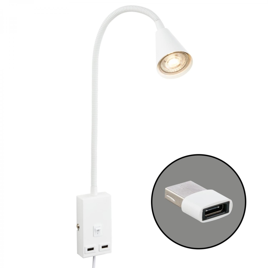 Briloner 2175-016 - Flexibilní nástěnná lampa s USB portem 1xGU10/10W/230V bílá