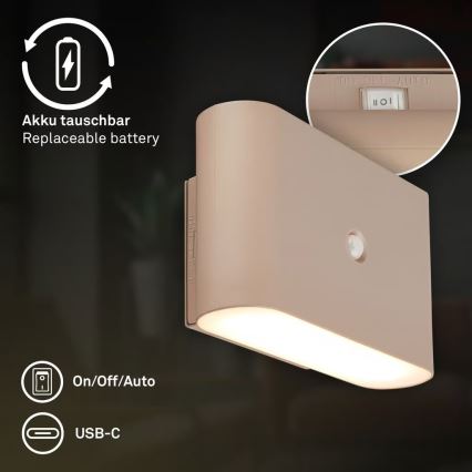 Briloner 3878011 - LED Nabíjecí nástěnné svítidlo se senzorem pohybu a soumraku CHAT LED/3W/5V 2000 mAh béžová