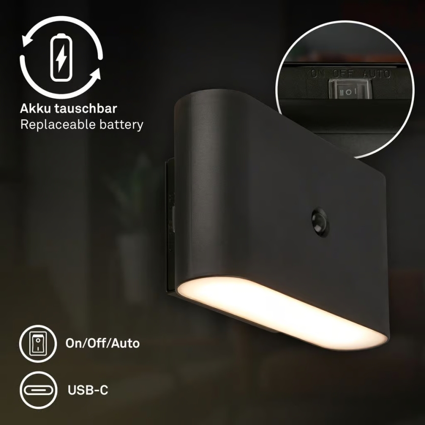 Briloner 3878015 - LED Nabíjecí nástěnné svítidelo se senzorem pohybu a soumraku CHAT LED/3W/5V 2000 mAh černá
