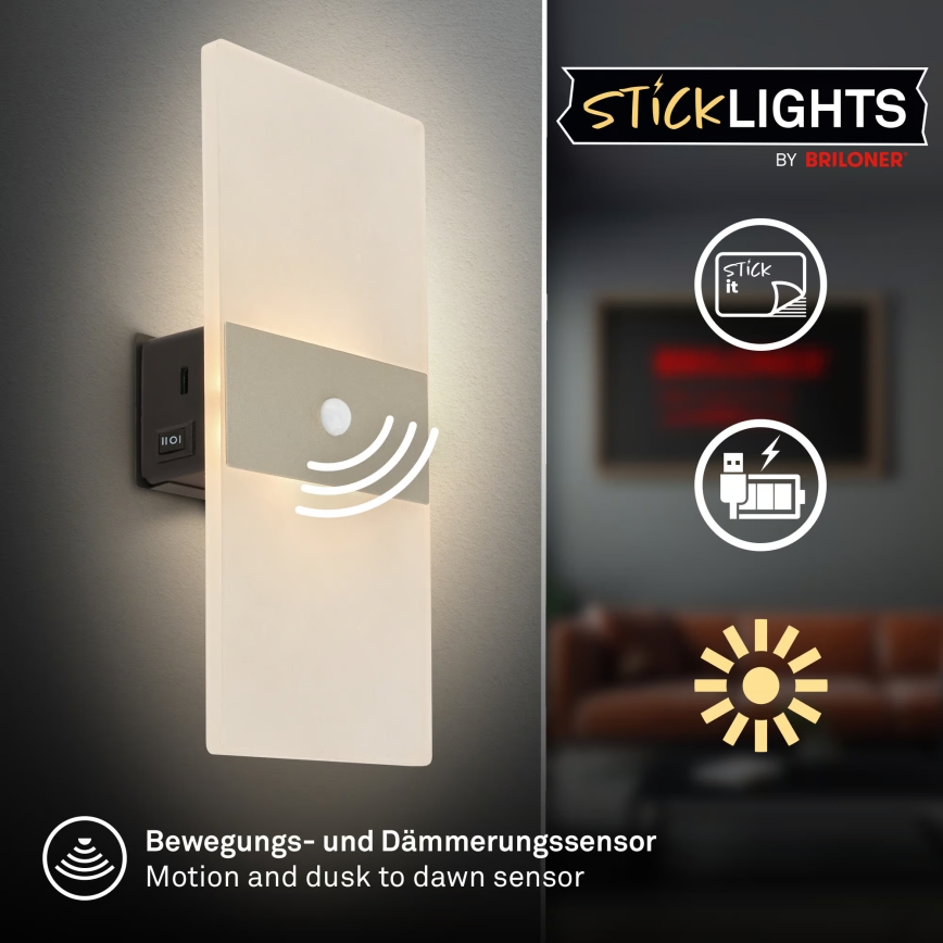 Briloner 3888012 - LED Nabíjecí nástěnné svítidlo se senzorem pohybu a soumraku AURA LED/2,5W/5V 1800 mAh matný chrom