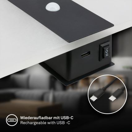 Briloner 3888015 - LED Nabíjecí nástěnné svítidlo se senzorem pohybu a soumraku AURA LED/2,5W/5V 1800 mAh černá