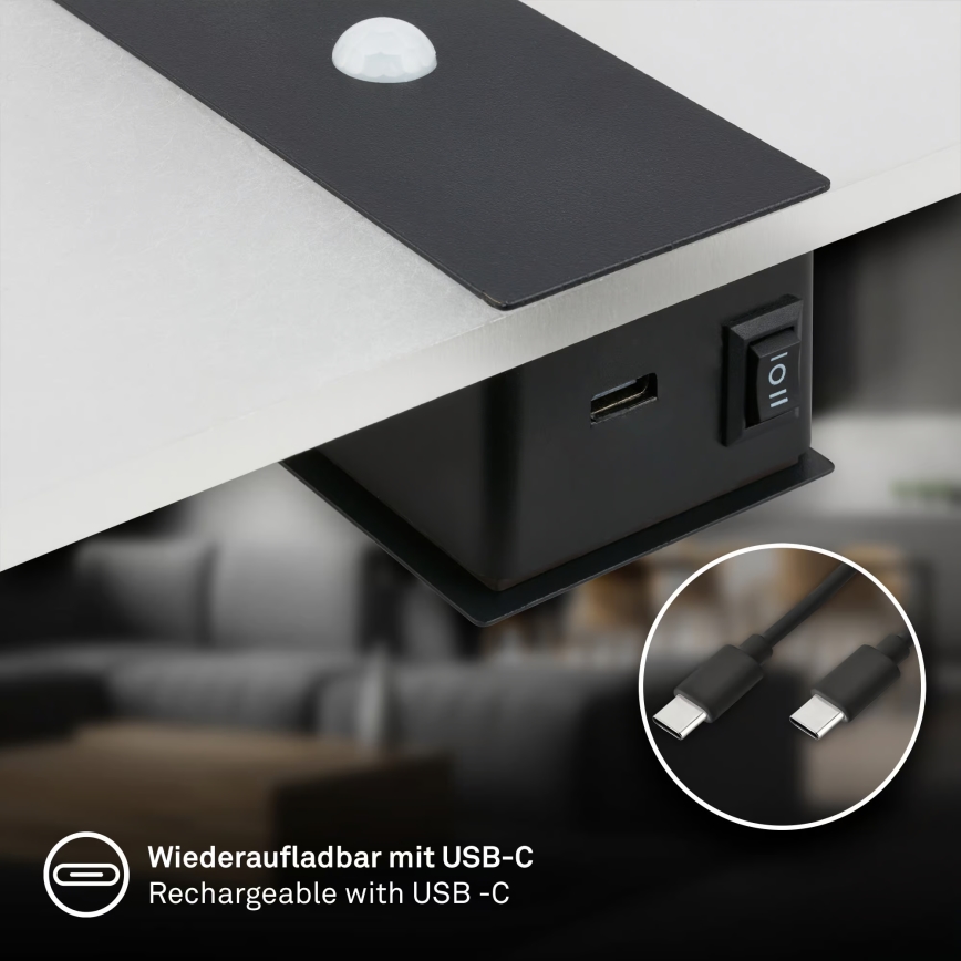 Briloner 3888015 - LED Nabíjecí nástěnné svítidlo se senzorem pohybu a soumraku AURA LED/2,5W/5V 1800 mAh černá