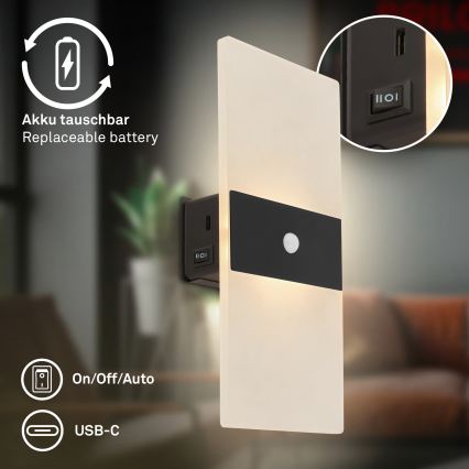 Briloner 3888015 - LED Nabíjecí nástěnné svítidlo se senzorem pohybu a soumraku AURA LED/2,5W/5V 1800 mAh černá