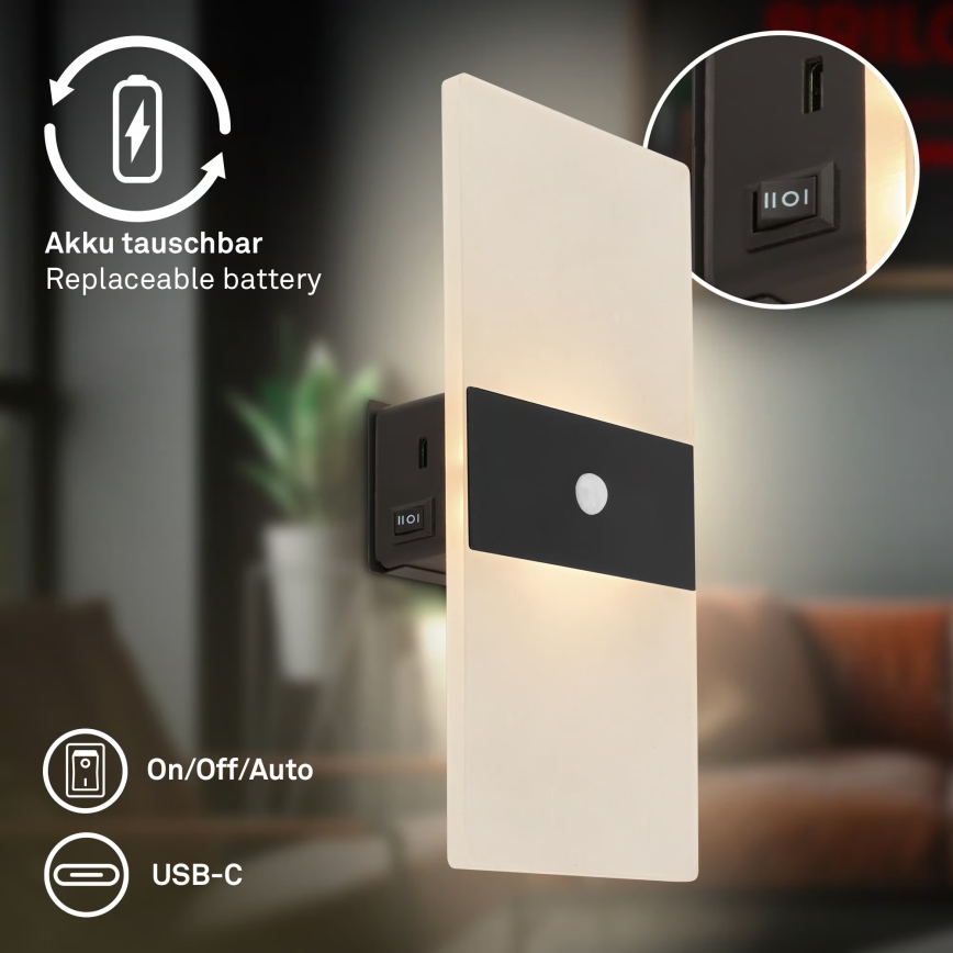Briloner 3888015 - LED Nabíjecí nástěnné svítidlo se senzorem pohybu a soumraku AURA LED/2,5W/5V 1800 mAh černá