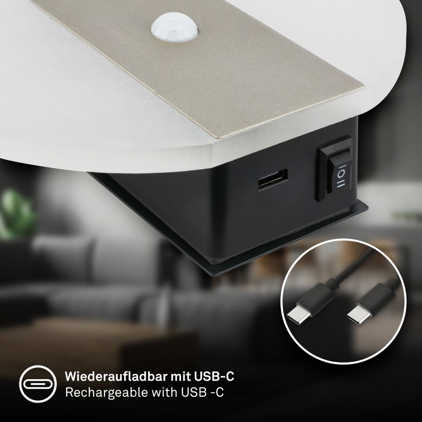 Briloner 3889012 - LED Nabíjecí nástěnné svítidlo se senzorem pohybu a soumraku TARO LED/2,5W/5V 1800 mAh matný chrom