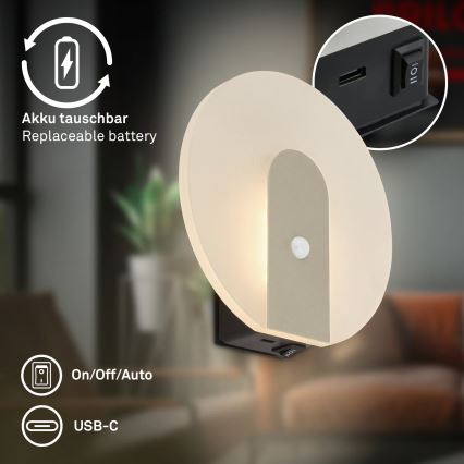 Briloner 3889012 - LED Nabíjecí nástěnné svítidlo se senzorem pohybu a soumraku TARO LED/2,5W/5V 1800 mAh matný chrom