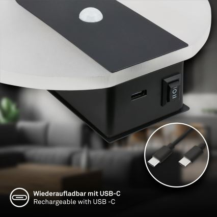 Briloner 3889015 - LED Nabíjecí nástěnné svítidlo se senzorem pohybu a soumraku TARO LED/2,5W/5V 1800 mAh černá