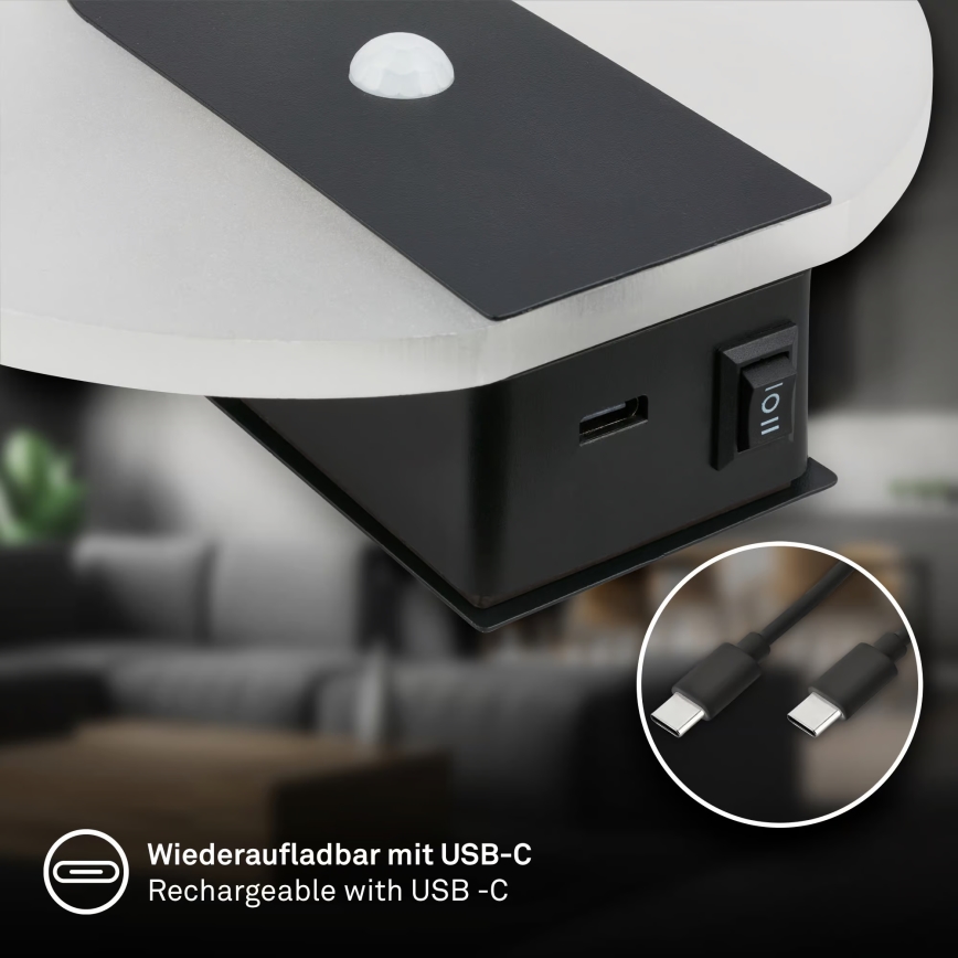 Briloner 3889015 - LED Nabíjecí nástěnné svítidlo se senzorem pohybu a soumraku TARO LED/2,5W/5V 1800 mAh černá