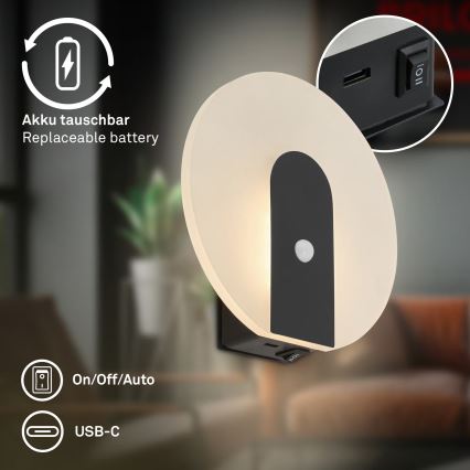 Briloner 3889015 - LED Nabíjecí nástěnné svítidlo se senzorem pohybu a soumraku TARO LED/2,5W/5V 1800 mAh černá